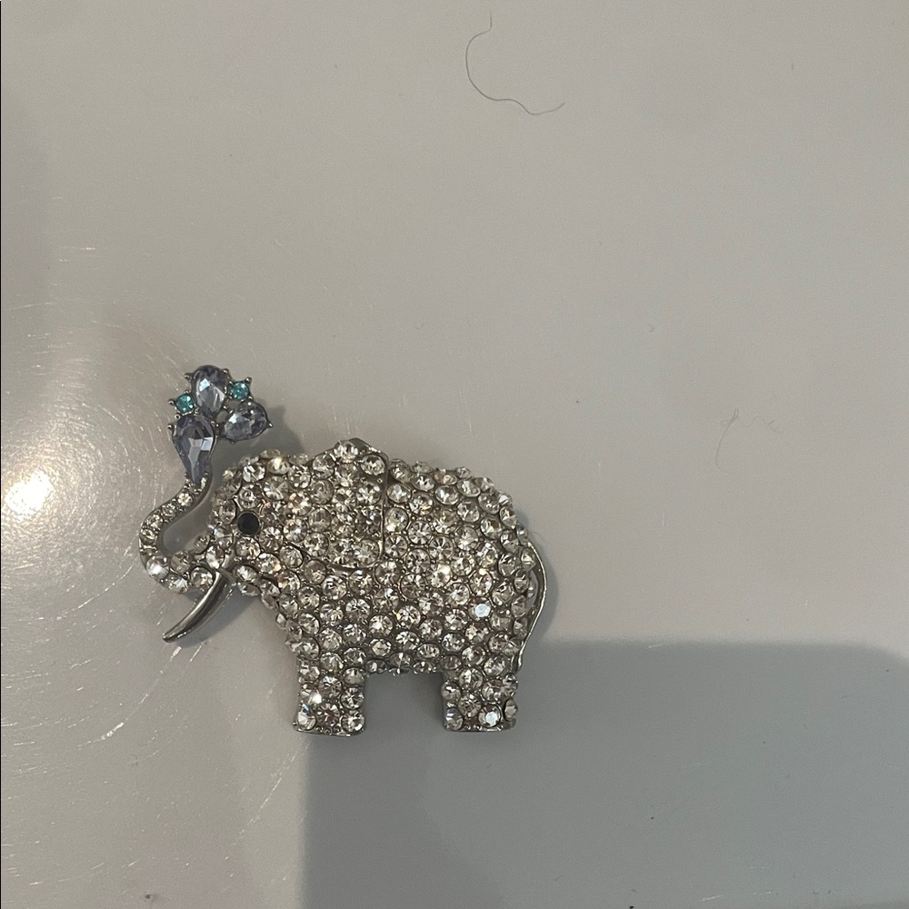 Rhinestone Elephant Brooch with Crystal Accent - Silver